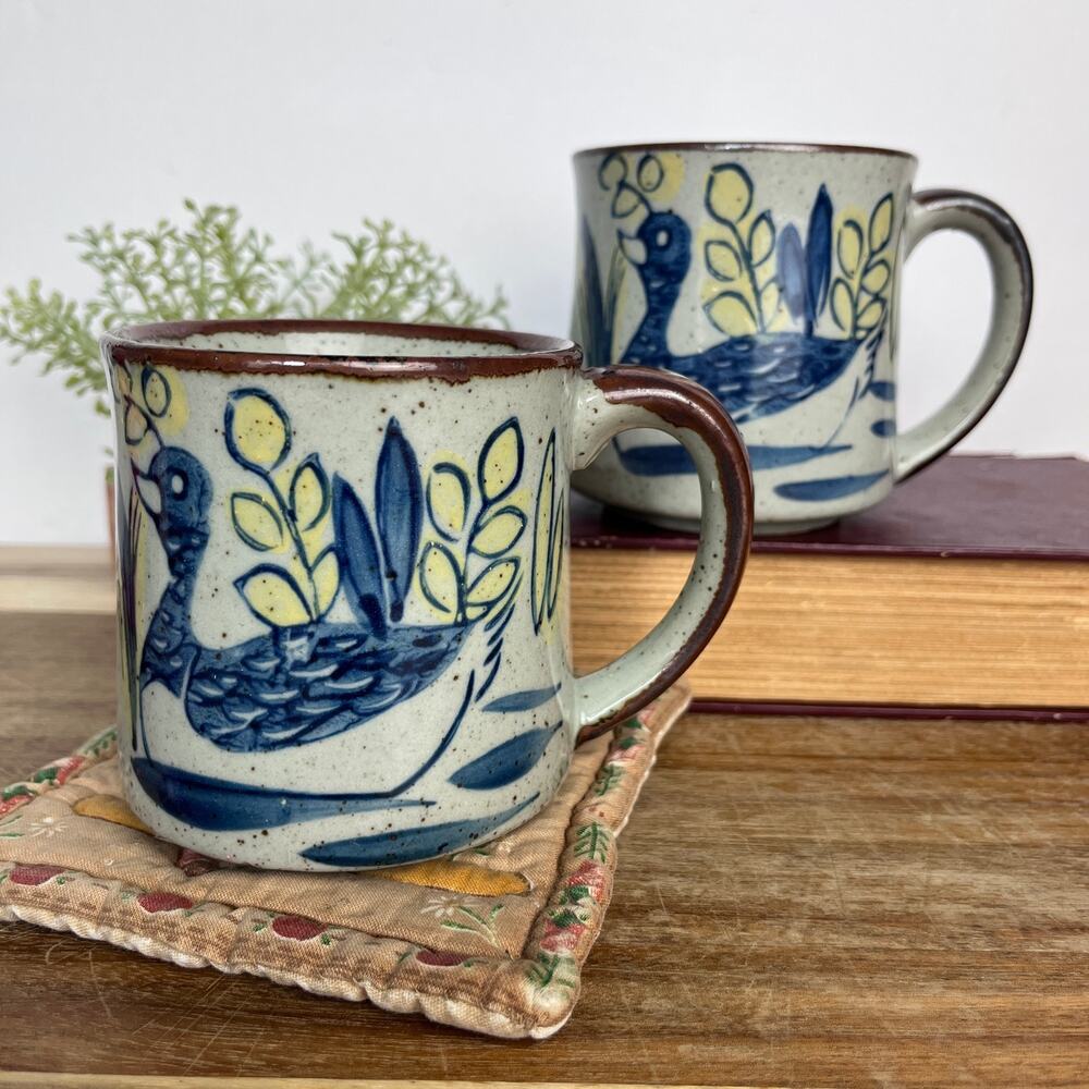 Pair Vintage Speckled Stoneware Mugs Blue Duck Goose Bird Hand Painted Foliage